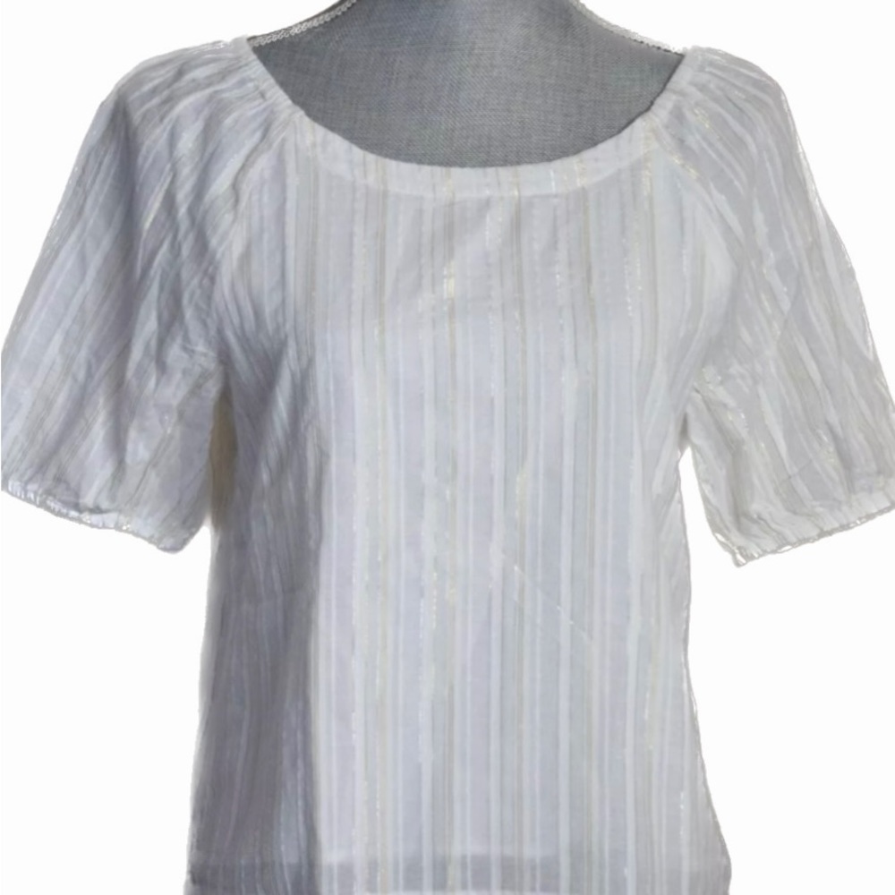 LOFT Puff Sleeve White Shimmer Stripe Top Small